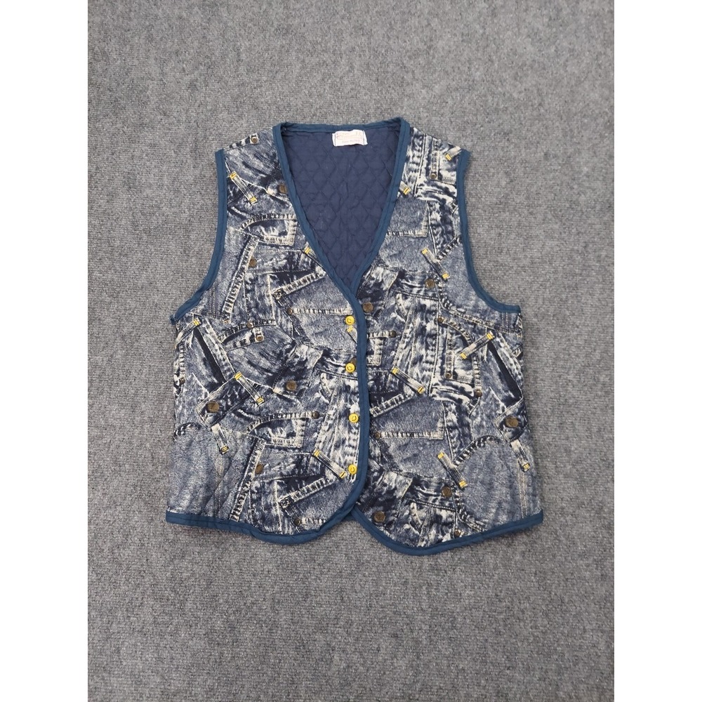 Vtg Handmade Quilted Vest Medium Blue Denim Look Smiley Face Buttons Granny Core
